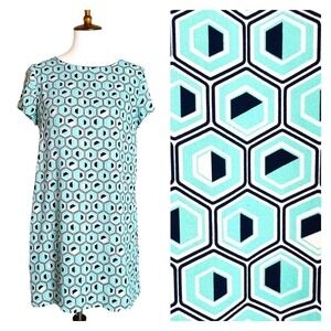 🍀 Janette Fashion Navy Aqua White Geometric Shift Dress Women’s Medium - READ